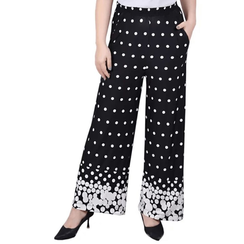 NY Collection Women's Petite Wide Leg Pockets Pull On Pants Dots Black & White P